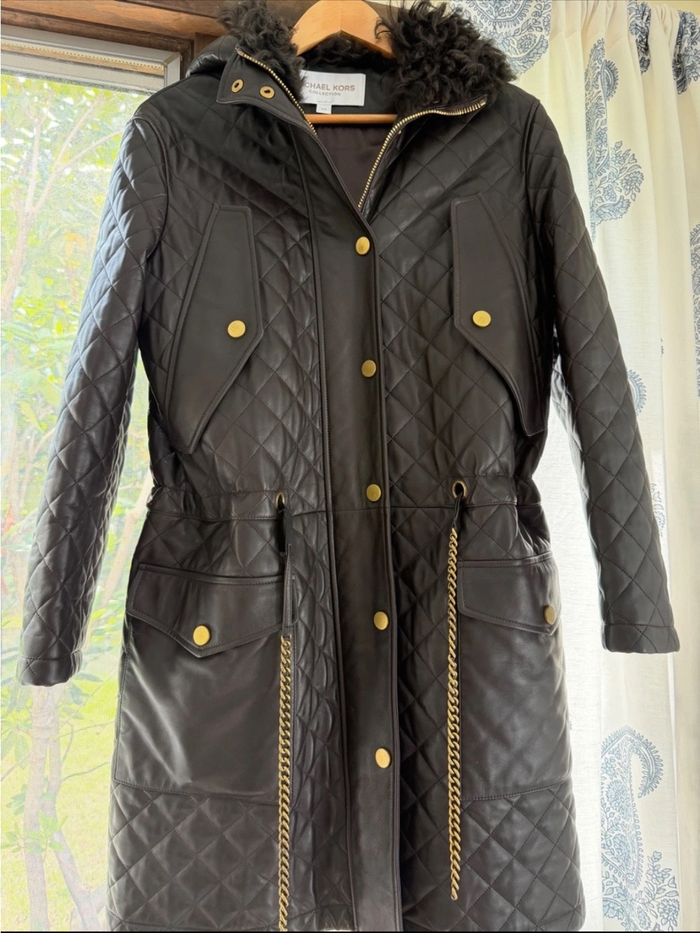 Michael Kors Collection Leather Quilted Shearling Hooded Coat Jacket Brown ITALY